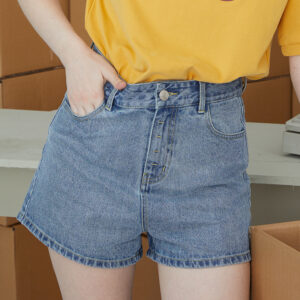 Womens swim shorts in high-waisted blue-grey denim