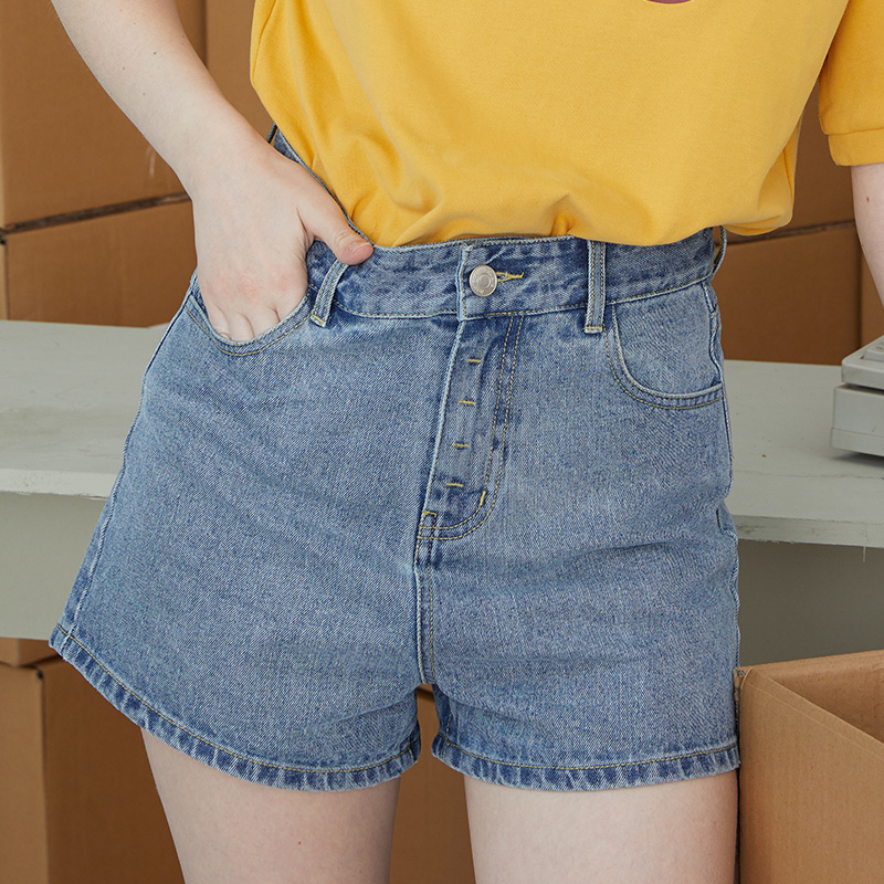 Womens swim shorts in high-waisted blue-grey denim
