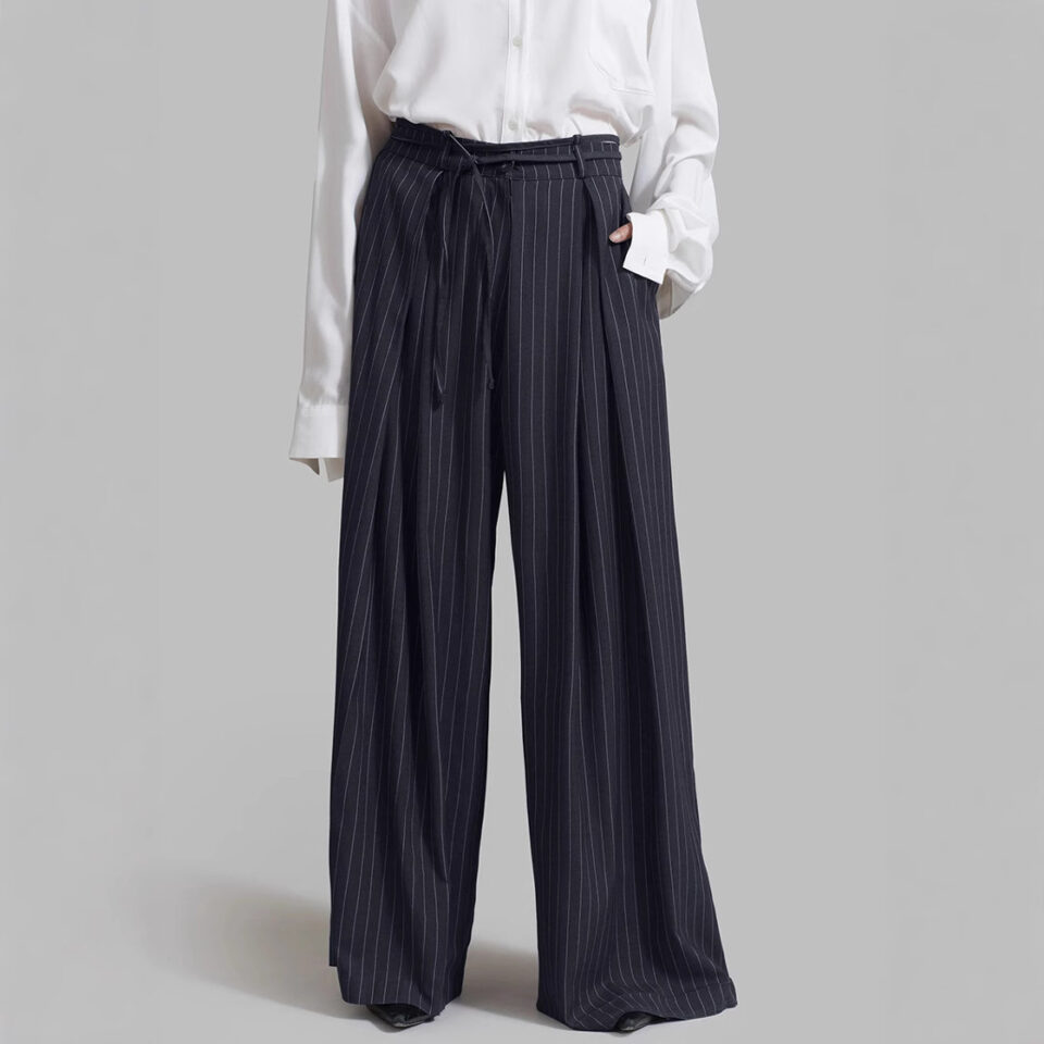 Navy Blue Striped Pants Wide Leg