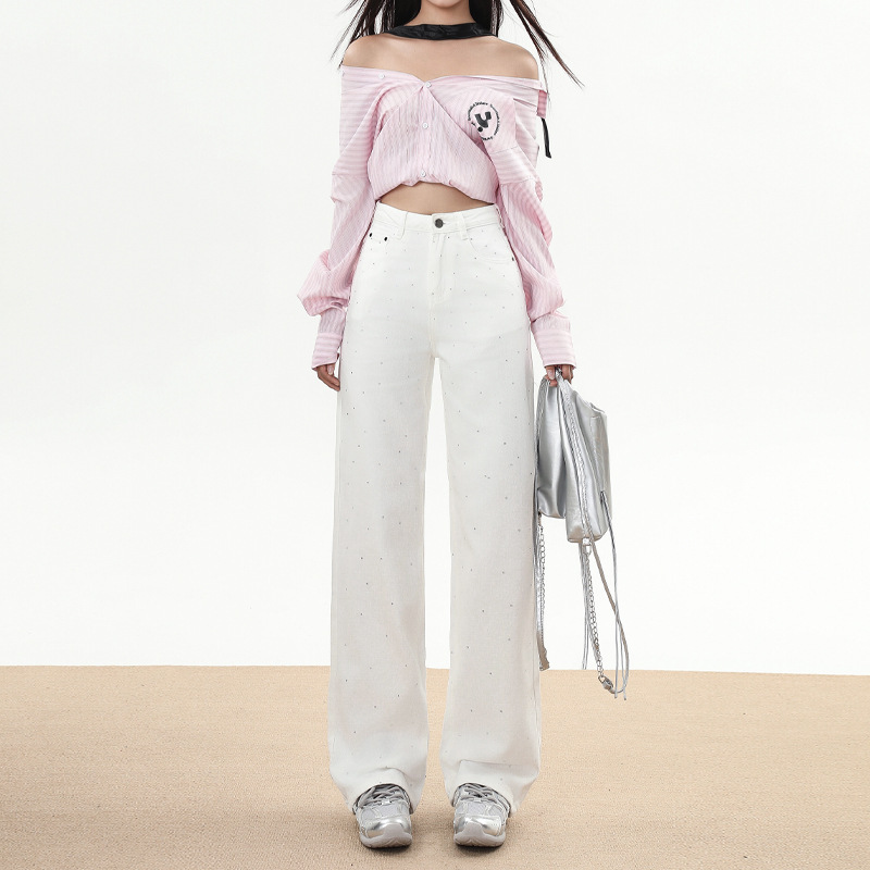 Wide Leg Pants Trousers in Rhinestone White