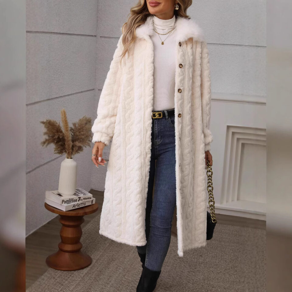 Front view of women's wool cardigan sweater in apricot