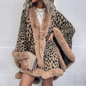 Front view of women's winter jacket wool – leopard print
